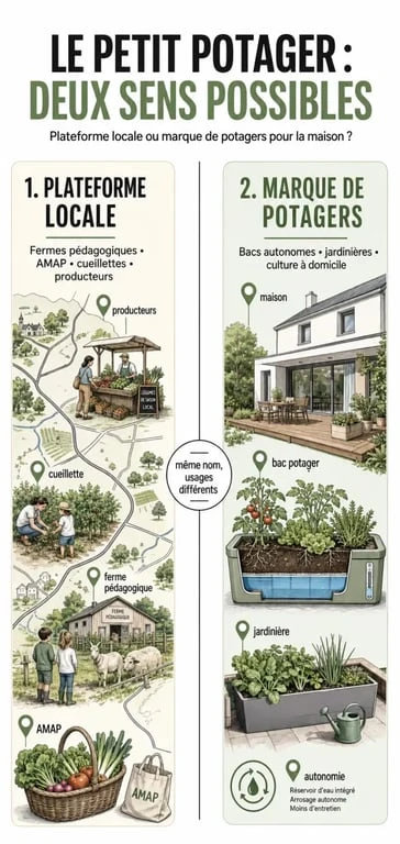 Le petit potager : comparaison visuelle entre plateforme locale de fermes pédagogiques et marque de potagers autonomes