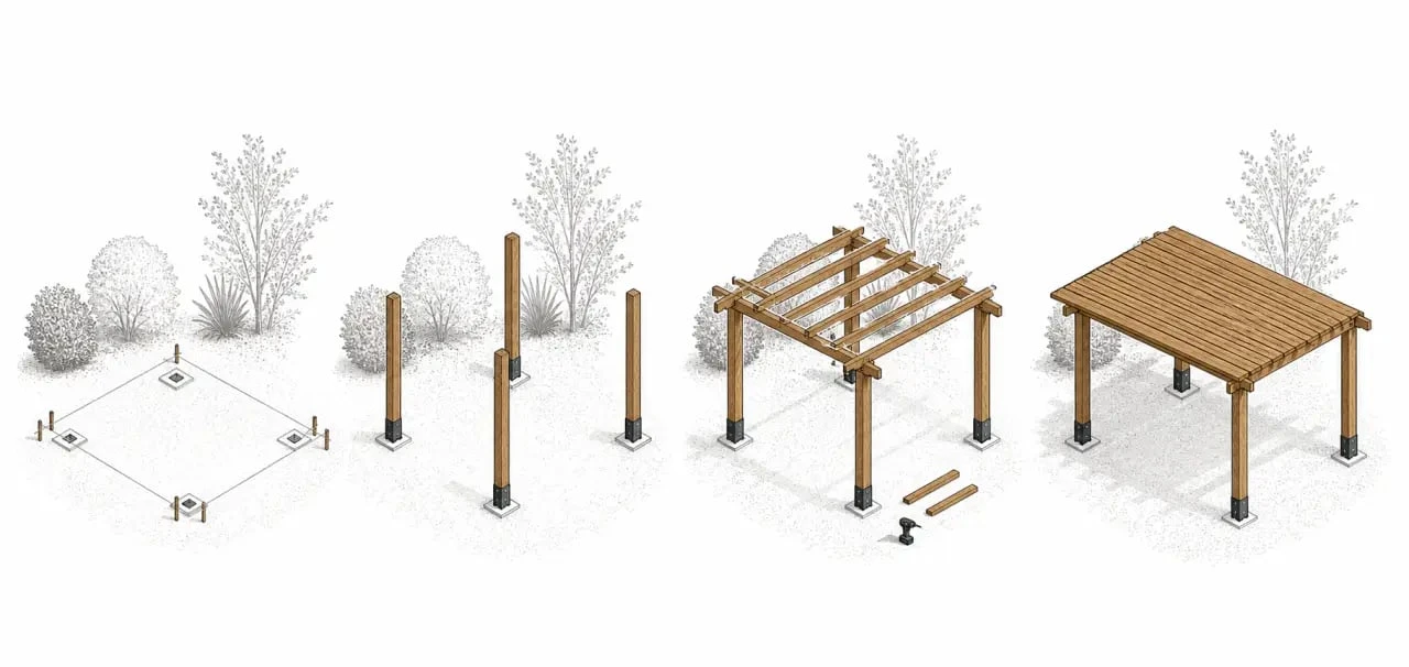Construire pergola bois : illustration des étapes de montage d'une pergola en bois dans un jardin
