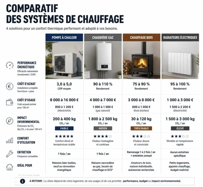 Infographie comparative des différents modes de chauffage : performance, coût et usage.