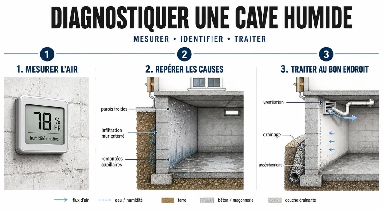 Cave humide que faire : schéma des causes, de la mesure d’humidité et des solutions à appliquer