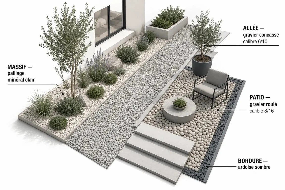 Déco gravier dans un jardin contemporain avec allée, massif et terrasse en différents calibres