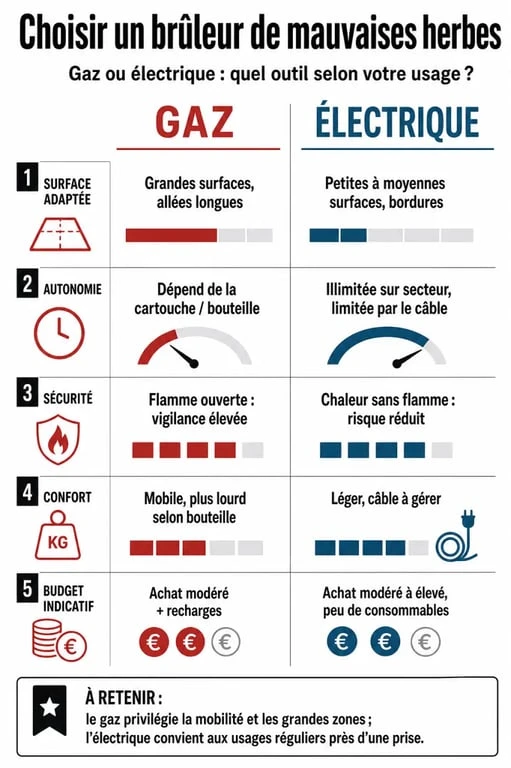 Comparatif bruleur pour mauvais herbe : gaz ou électrique selon la surface, l’autonomie et la sécurité
