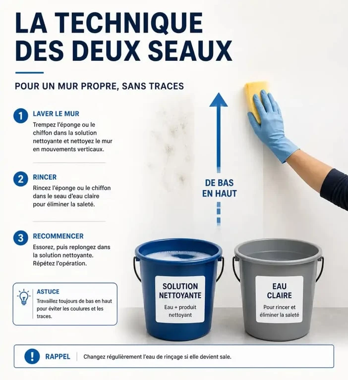 Infographie technique sur la méthode des deux seaux pour le nettoyant pour mur intérieur