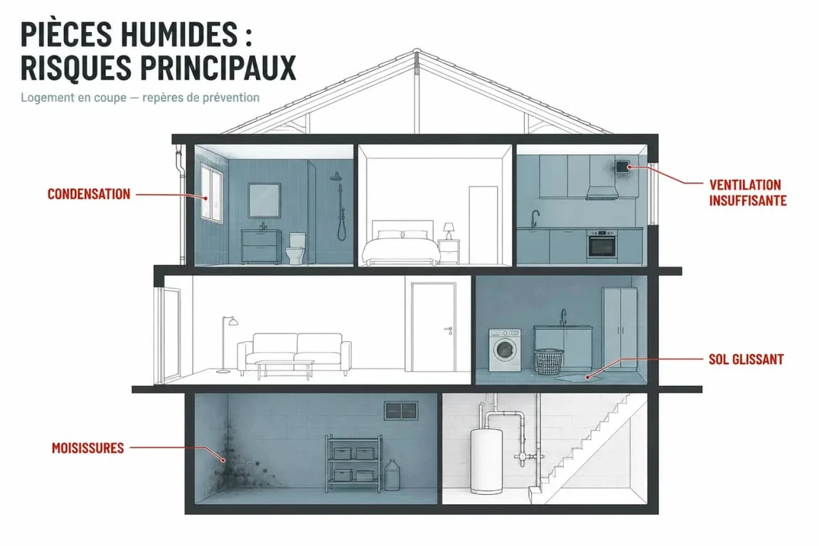 Pièces humides : logement en coupe montrant les pièces concernées et les risques d’humidité