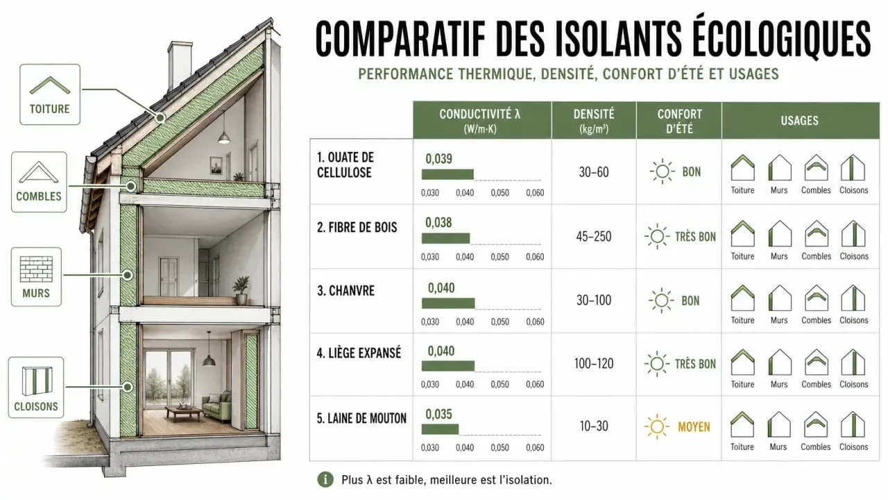 Isolation écologique : tableau comparatif des isolants biosourcés et de leurs usages