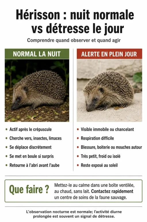 Infographie des signes de détresse d'un hérisson dans le jardin