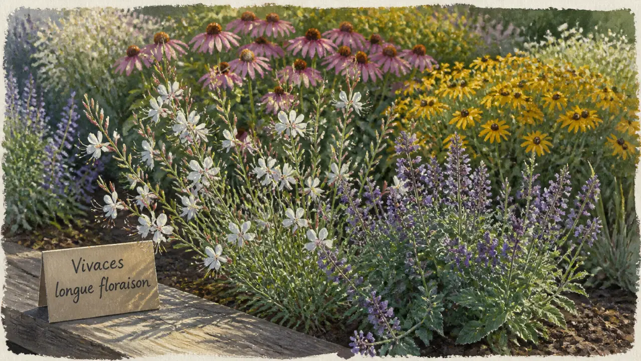 Fleur vivace longue floraison : gaura et népéta en fleurs