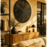 Horloges design : horloge murale grand diamètre métal noir patiné sur buffet