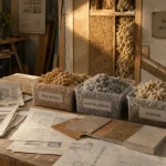 Isolation écologique : échantillons d’isolants en fibre de bois, ouate et chanvre