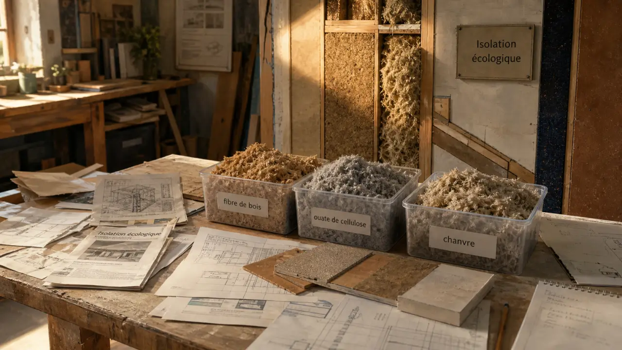 Isolation écologique : échantillons d’isolants en fibre de bois, ouate et chanvre