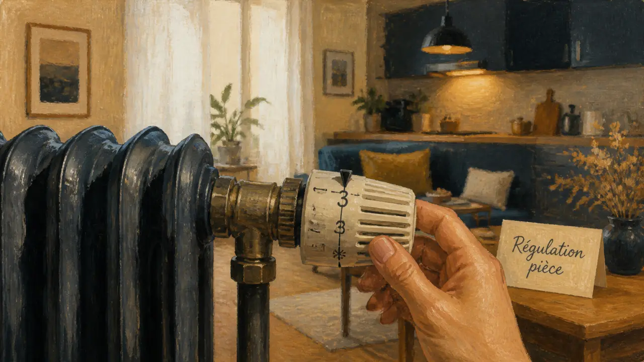 Robinets thermostatiques radiateurs réglés de 1 à 5, molette sur 3