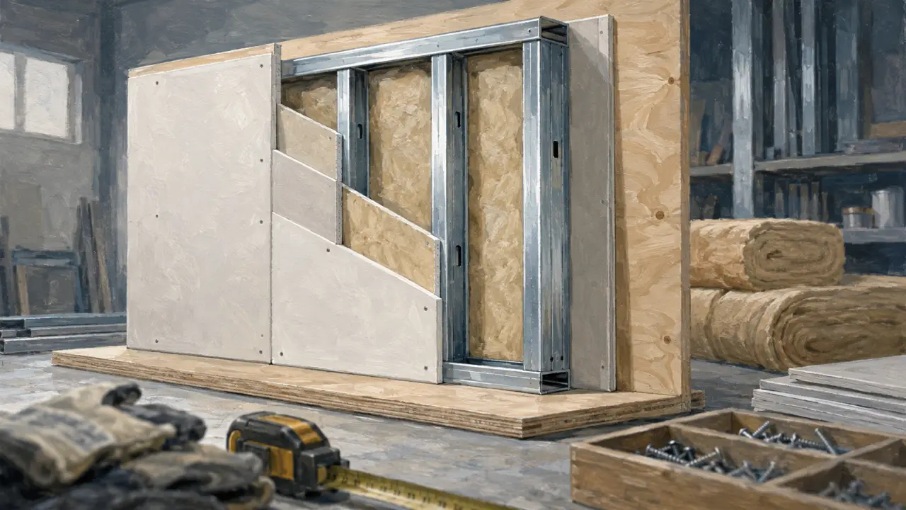 Cloison isolante placo en plaques de plâtre, ossature métallique et isolant visible