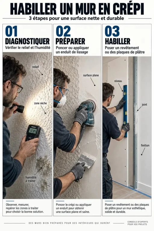 Étapes pour habiller un mur en crépi intérieur avec préparation, lissage et revêtement