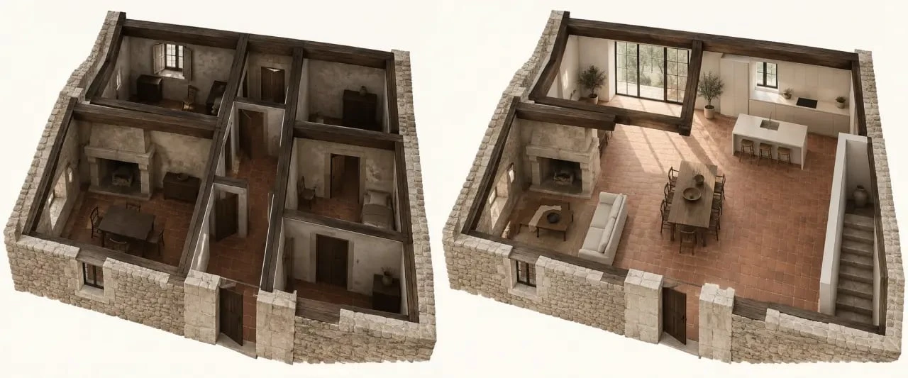 Rénovation vieille maison avant/après avec volumes ouverts, lumière naturelle et cachet ancien préservé