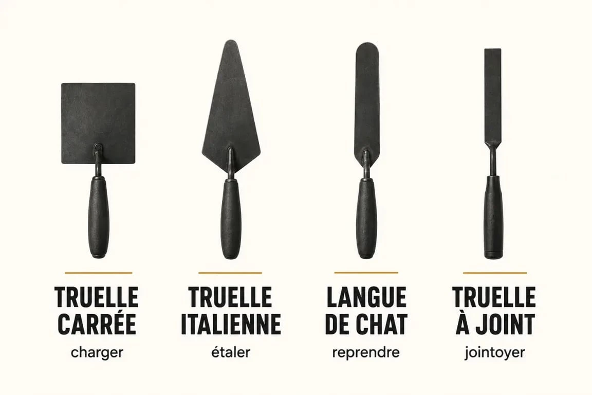 Truelle de maçon : comparaison visuelle des formes carrée, italienne, langue de chat et à joint