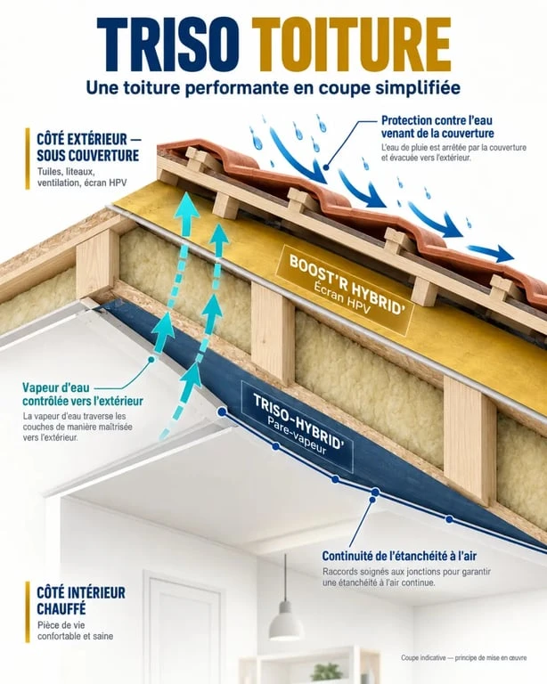 Schéma explicatif du système Triso toiture avec Triso-Hybrid’ à l’intérieur et Boost’R Hybrid’ à l’extérieur