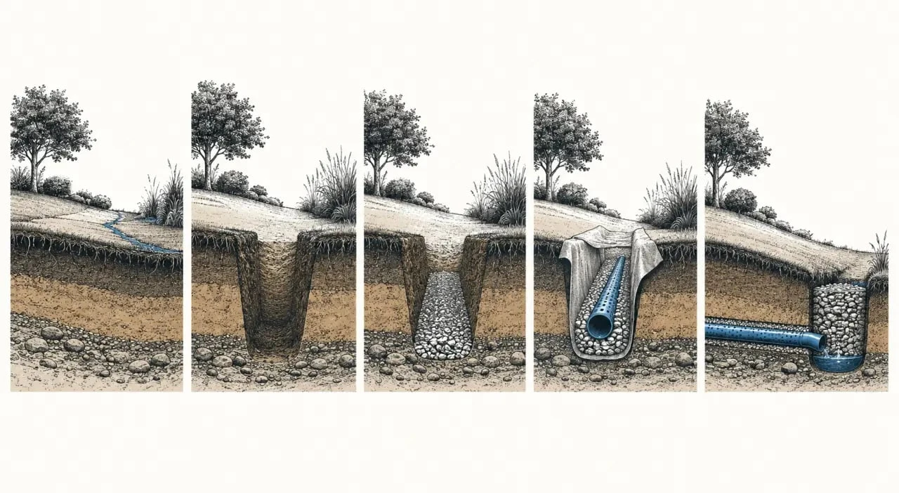 Illustration des étapes d’un drainage terrain avec tranchée, gravier, tuyau perforé et géotextile