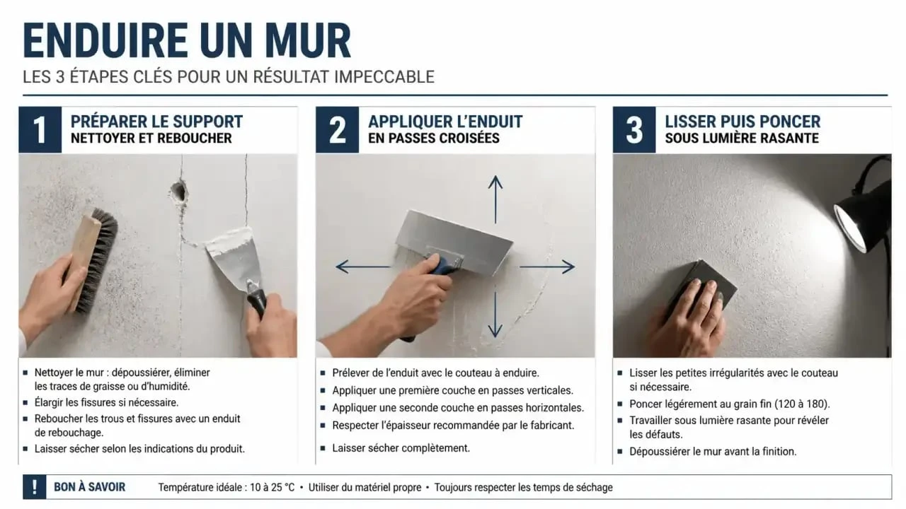Comment enduire mur : séquence visuelle de préparation, application de l’enduit, lissage et ponçage