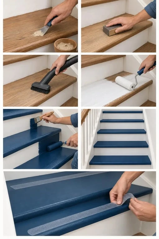 Étapes pour peindre un escalier en bois, du ponçage à la finition antidérapante
