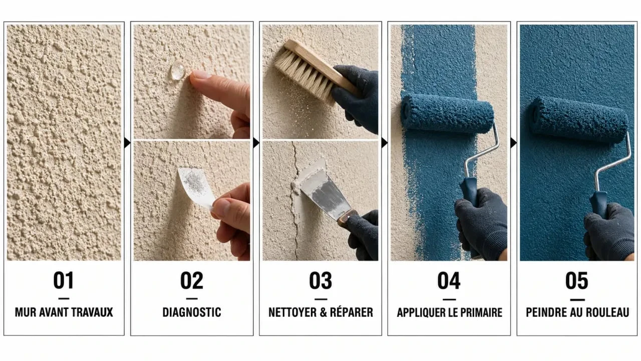 Étapes de préparation et de peinture pour crépi intérieur, du diagnostic au résultat final