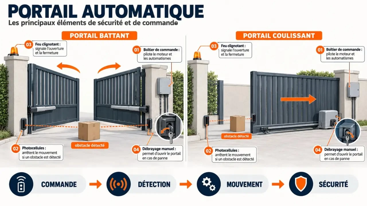Schéma du fonctionnement et de la sécurité d’un portail automatique