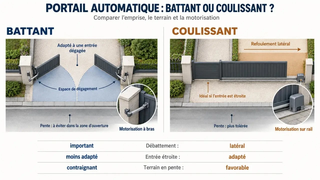Infographie comparative d’un portail automatique battant et coulissant