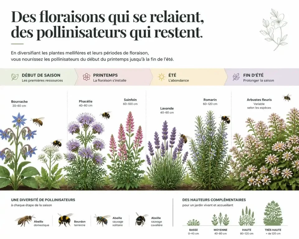 Infographie sur les plantes mellifères et la continuité des floraisons au jardin selon les saisons