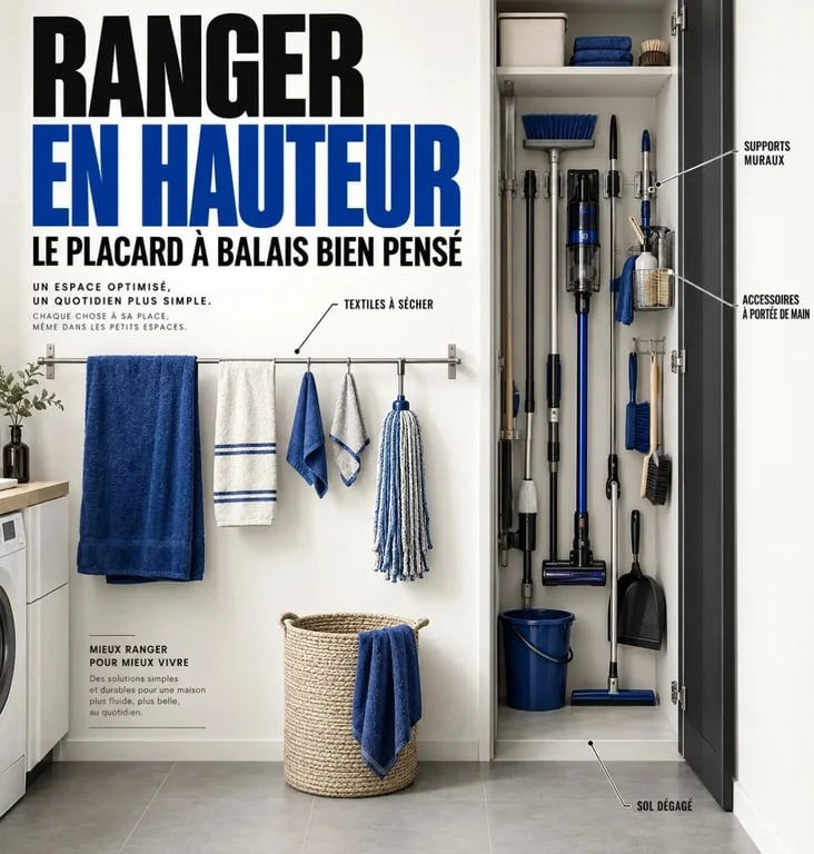 Rangement produits ménagers et accessoires de nettoyage dans un placard à balais