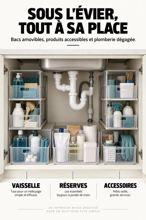Rangement produits ménagers organisé dans un meuble sous-évier avec bacs amovibles