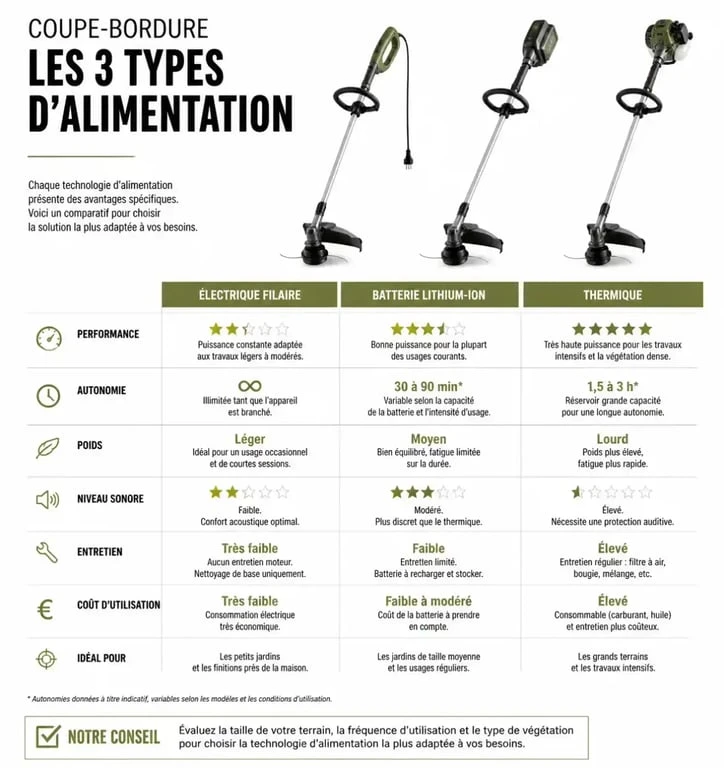 Comparaison des technologies d'alimentation pour le meilleur coupe-bordure