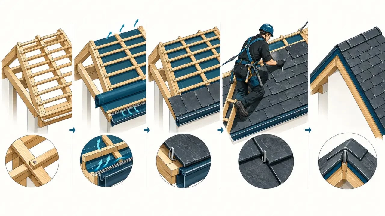 Illustration des étapes pour poser des ardoises sur un toit