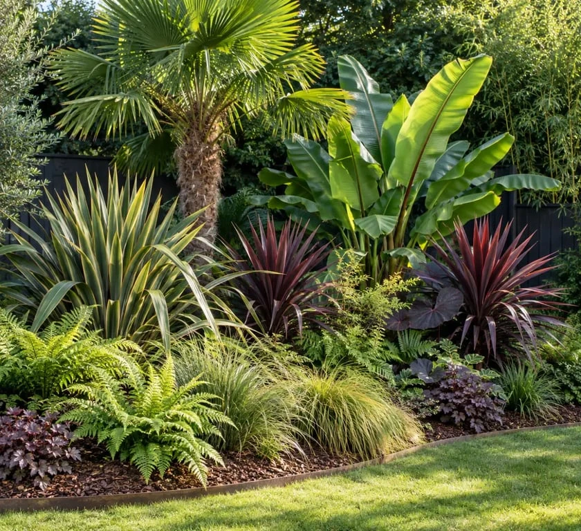 Idée massif exotique luxuriant organisé en trois strates dans un jardin français