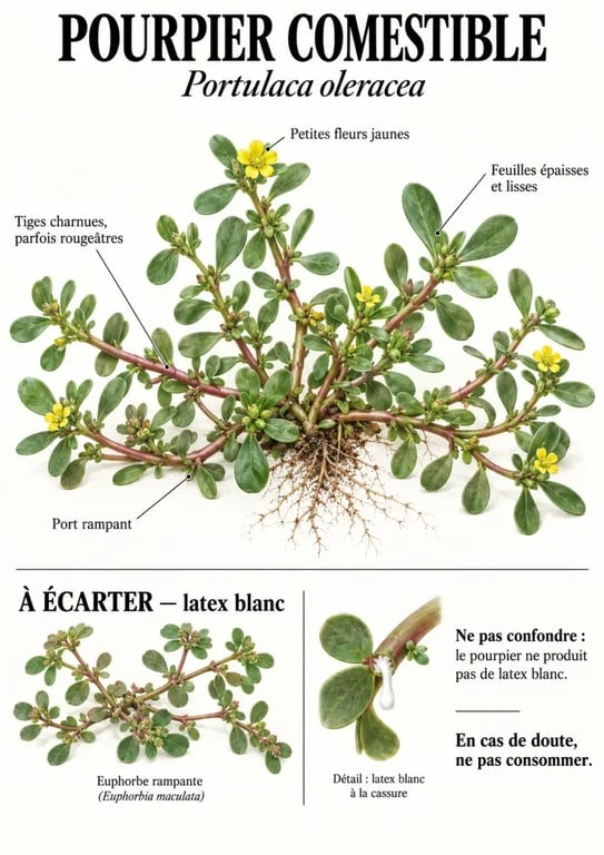 Pourpier comestible : planche botanique pour reconnaître ses feuilles charnues, ses tiges rampantes et ses fleurs jaunes