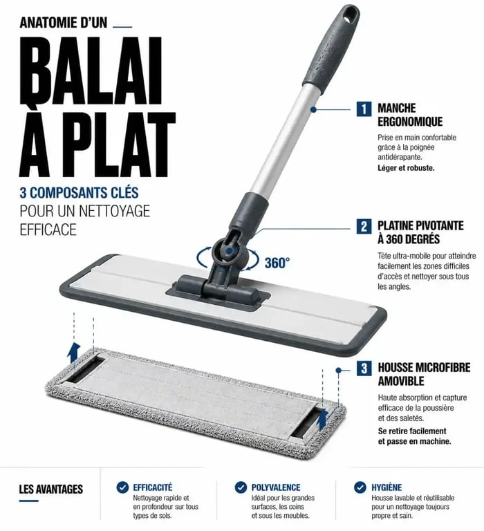 Schéma explicatif des composants d'un balai à plat professionnel