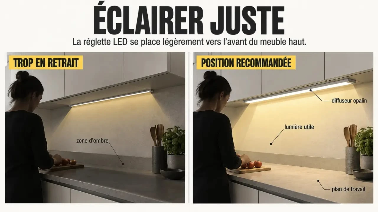 Éclairage pour plan de travail cuisine sous meuble haut avec réglette LED bien positionnée