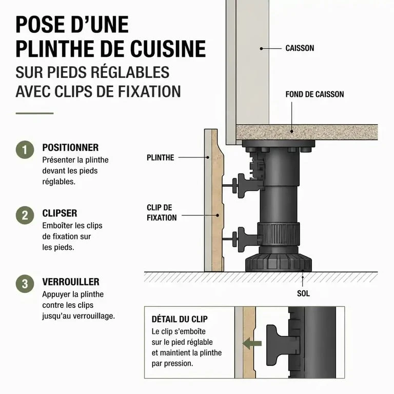 Schéma de pose d'une plinthe cuisine avec clips de fixation