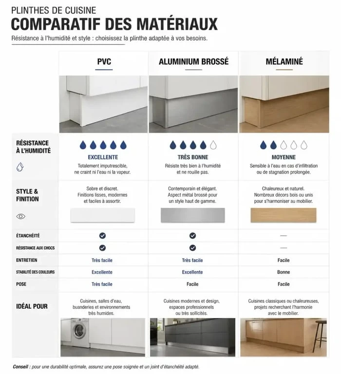 Comparatif des matériaux pour plinthe cuisine : PVC, aluminium et mélaminé