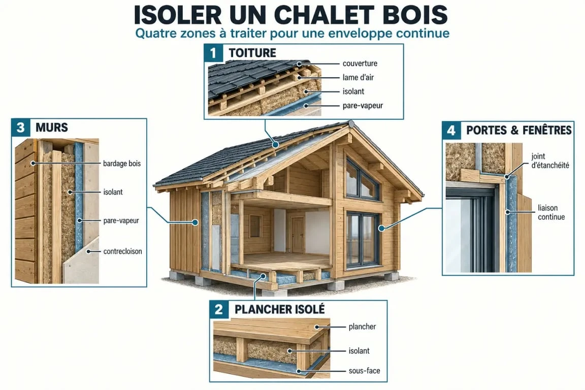 Schéma pour isoler un chalet bois : toiture, plancher, murs et ouvertures