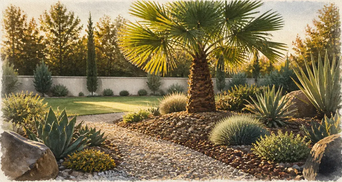 Idée massif avec palmier : palmier sur massif méditerranéen sec, agaves et graviers.