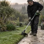 Meilleur coupe bordure : jardinier avec coupe-bordure à fil nylon le long d’une bordure
