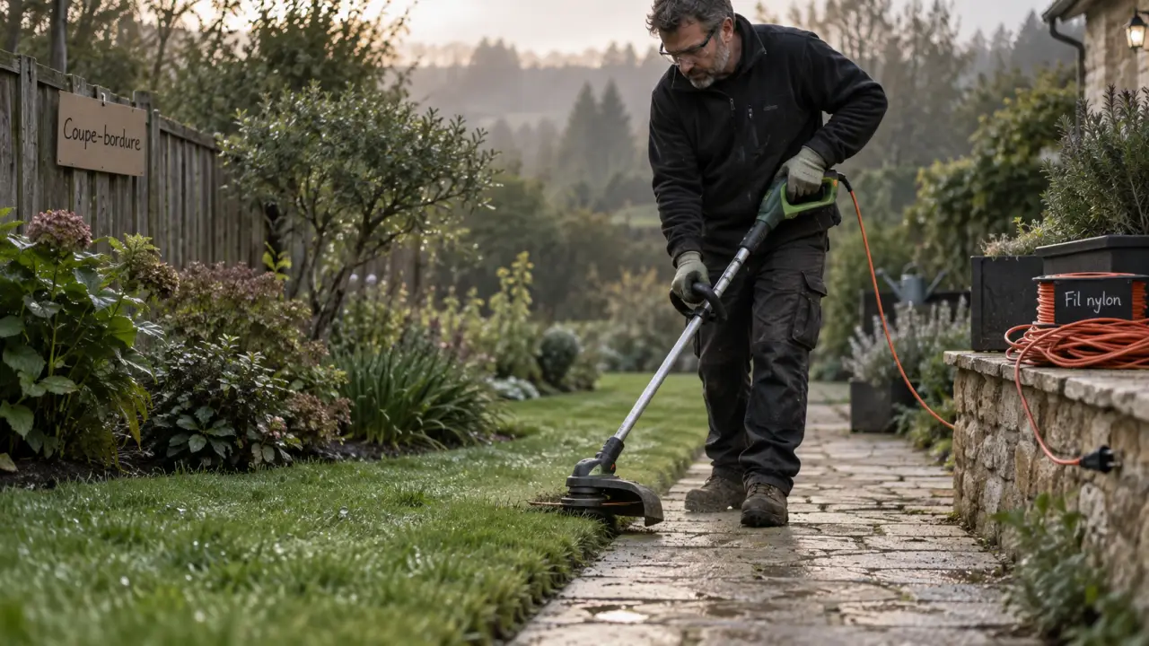 Meilleur coupe bordure : jardinier avec coupe-bordure à fil nylon le long d’une bordure