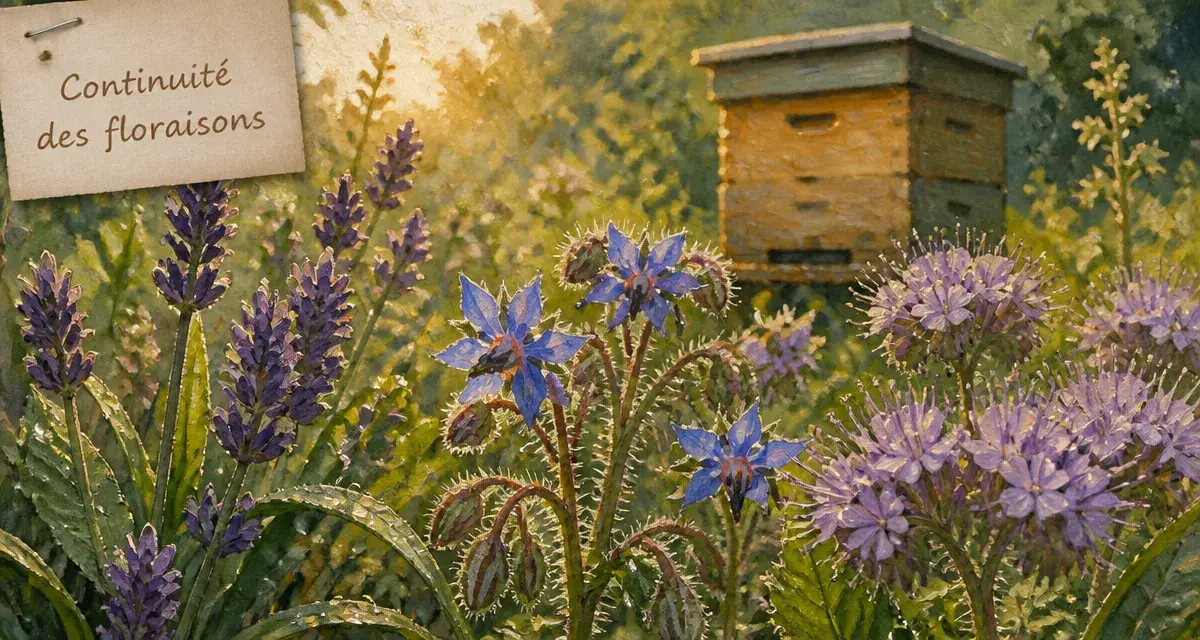 Plantes mellifères en floraison : lavande, bourrache, phacélie pour pollinisateurs