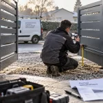 Portails automatiques battant en aluminium, pose et réglage du terrain