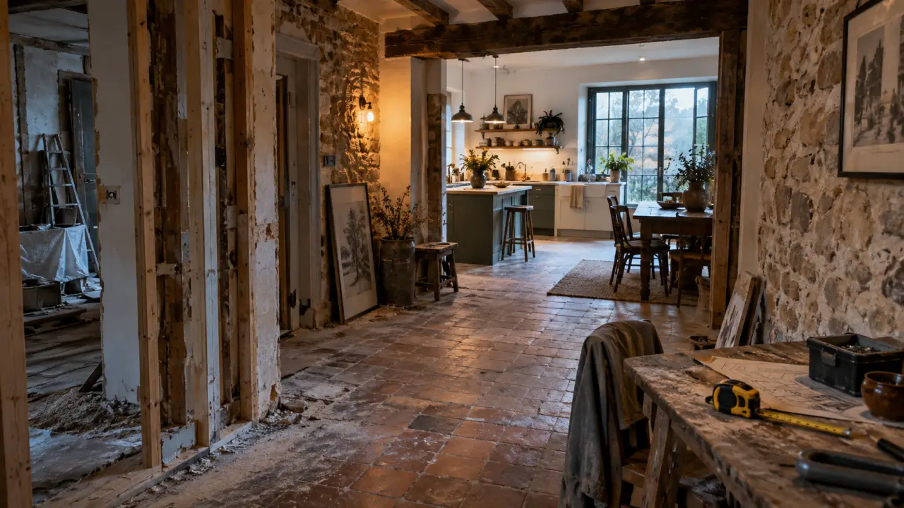 Rénovation vieille maison avant/après : couloir lumineux en rénovation, tomettes et pierre