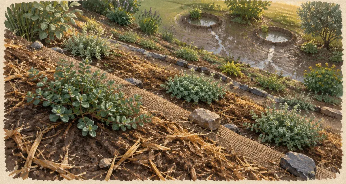 Amenagement talus : sol stabilisé avec paillis et toile pour retenir la terre