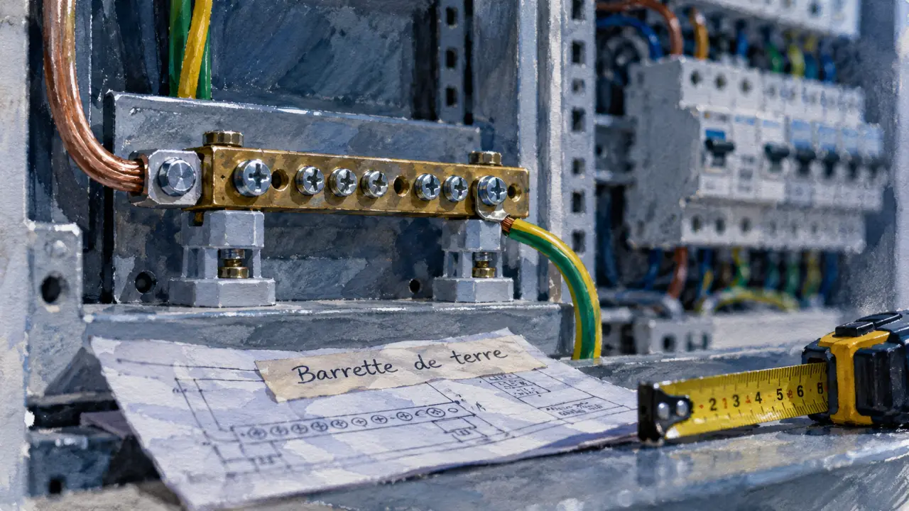 Barrette de terre dans une gaine technique, près du tableau électrique