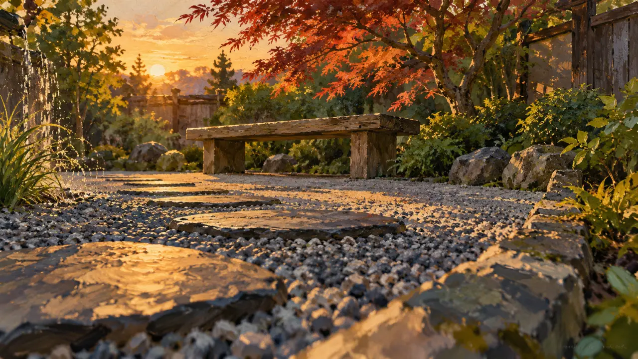 Décoration jardin zen avec gravier gris, banc et calme