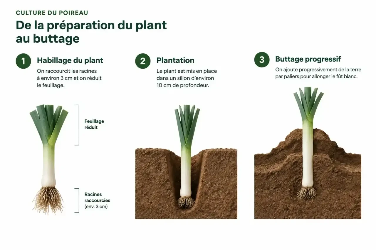 Schéma du potager poireau : habillage du plant, plantation en sillon et buttage progressif du fût