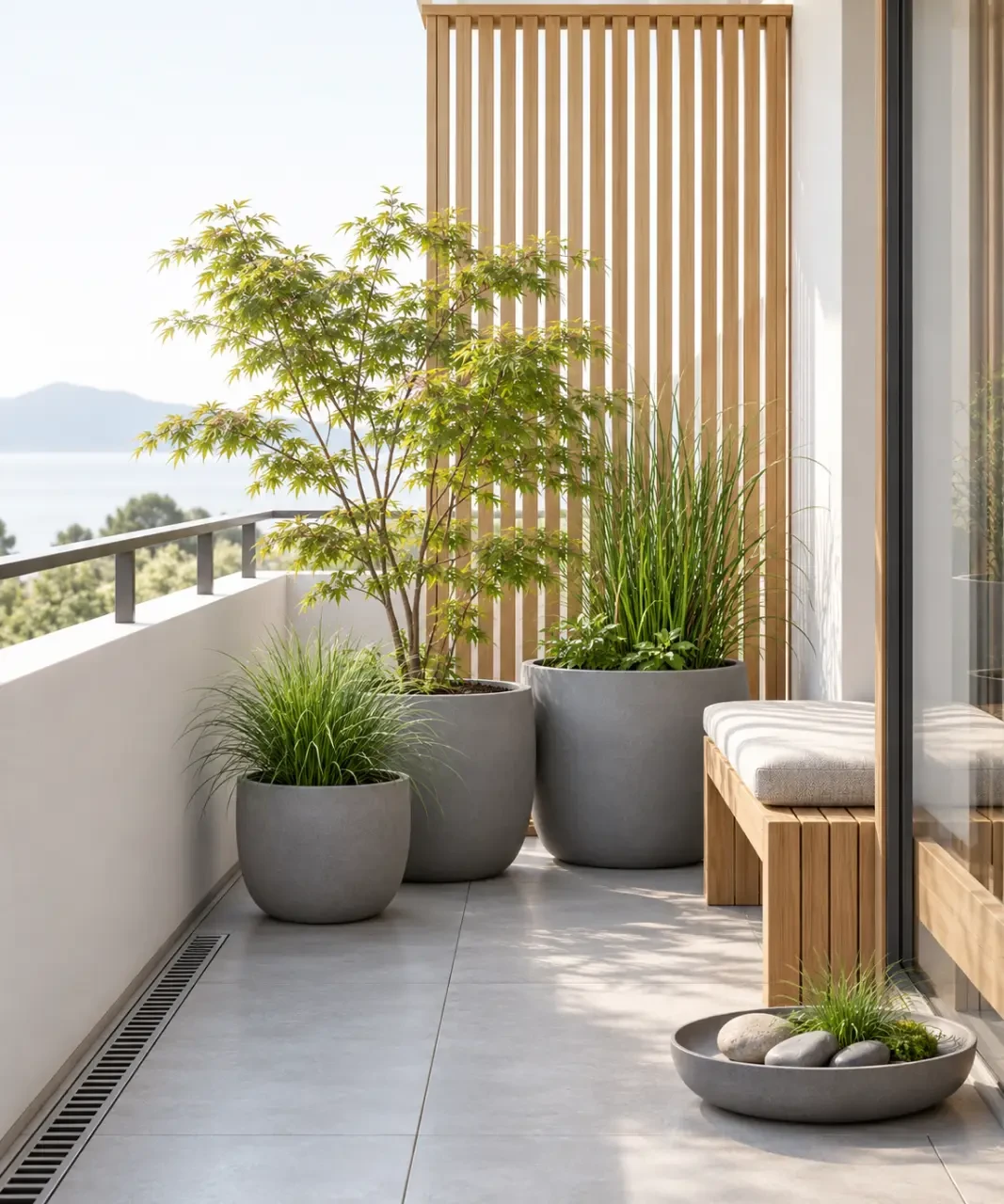 Décoration jardin zen sur balcon avec pots, panneau ajouré et composition minérale