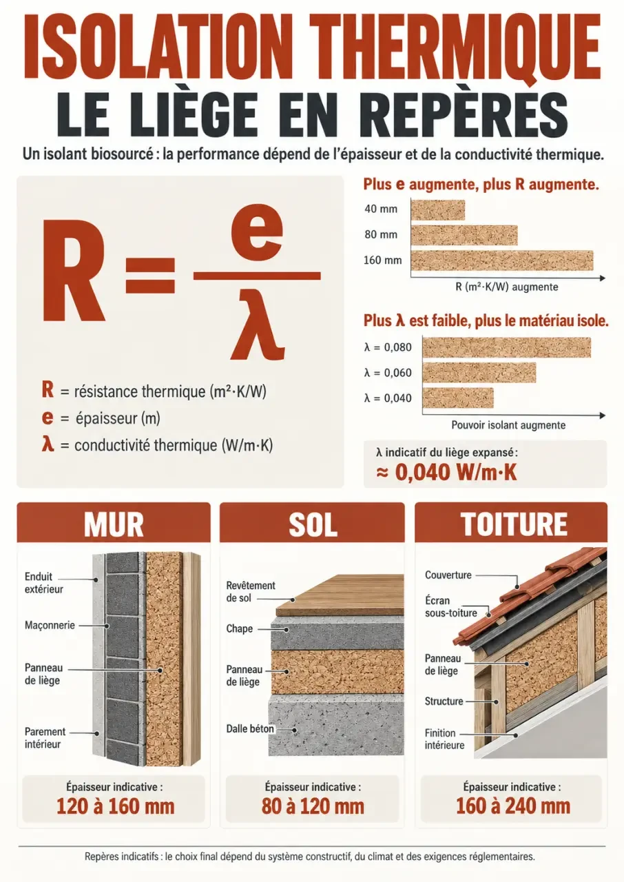 Infographie sur l’isolation thermique par le liège, le lambda, l’épaisseur et la résistance thermique selon la zone isolée